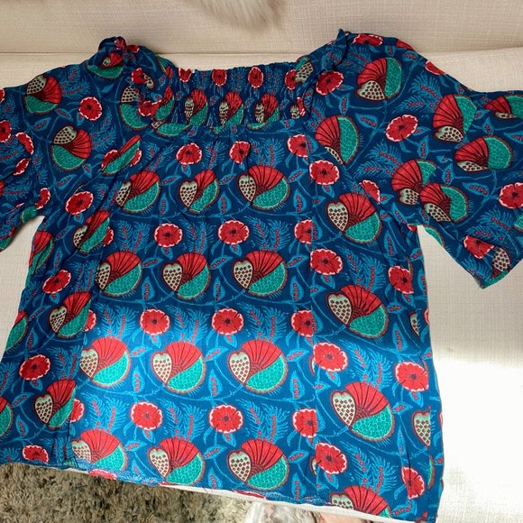 ANTHROPOLOGIE Maeve Blue Red Abstract Poppy Floral Flutter Letitia Sleeve Top - - Picture 4 of 10